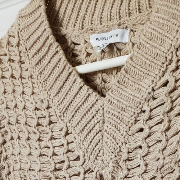 Purple Snow M Open Weave Knit Sweater Long Sleeve V Neck Beige - Picture 4 of 7